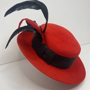 Vintage Frank Olive Private Collection Tally Ho Red Genuine Velour Feathered Hat